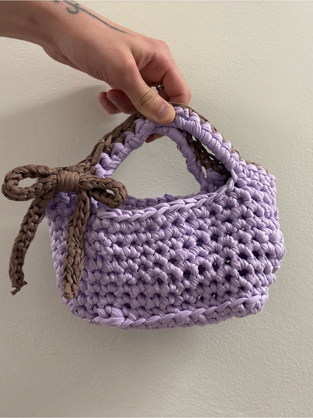 Handcrafted Lavender Crochet Mini Tote with Brown Bow Accent